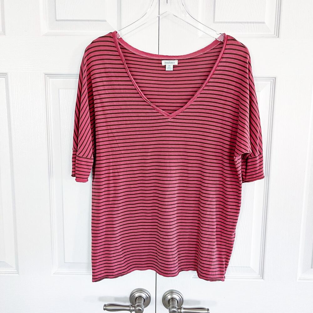 Sundance Red Brown Striped Oversized Dolman V Neck Cotton Top Coastal Boho